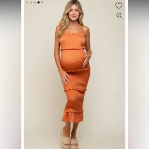 PINKBLUSH Maternity Orange Satin Smocked Fitted Maternity Midi Dress Medium